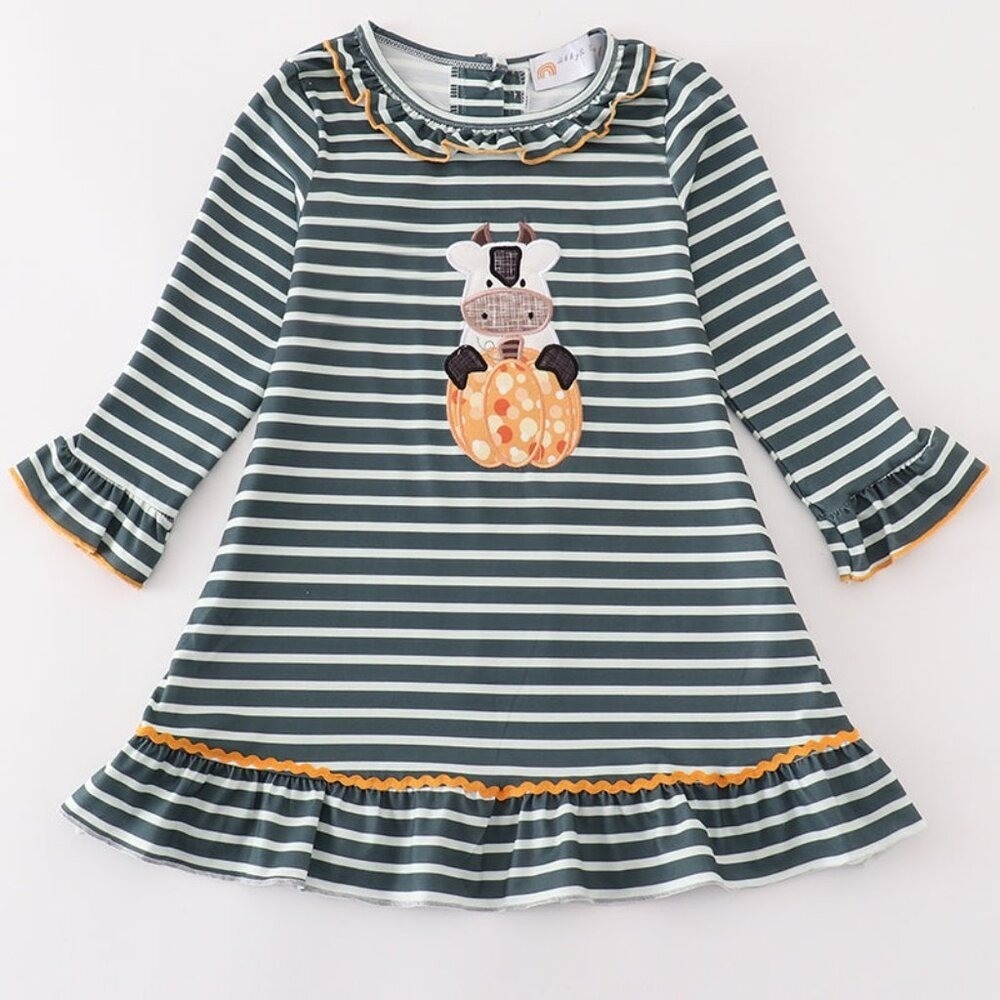 Abby and Evie Green Stripe Cow Pumpkin Applique Dress Sz 6 Boutique Fall